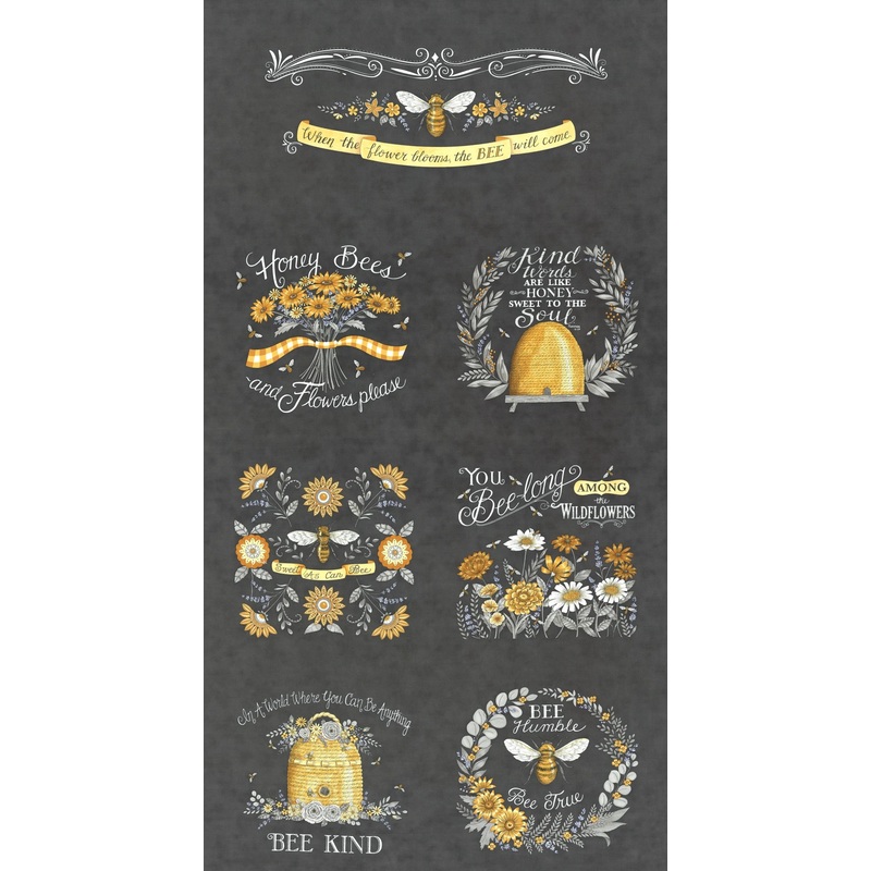 Honey & Lavender Bee Floral Panel 24" Charcoal Black Deb Strain Moda Fabrics Cotton Fabric