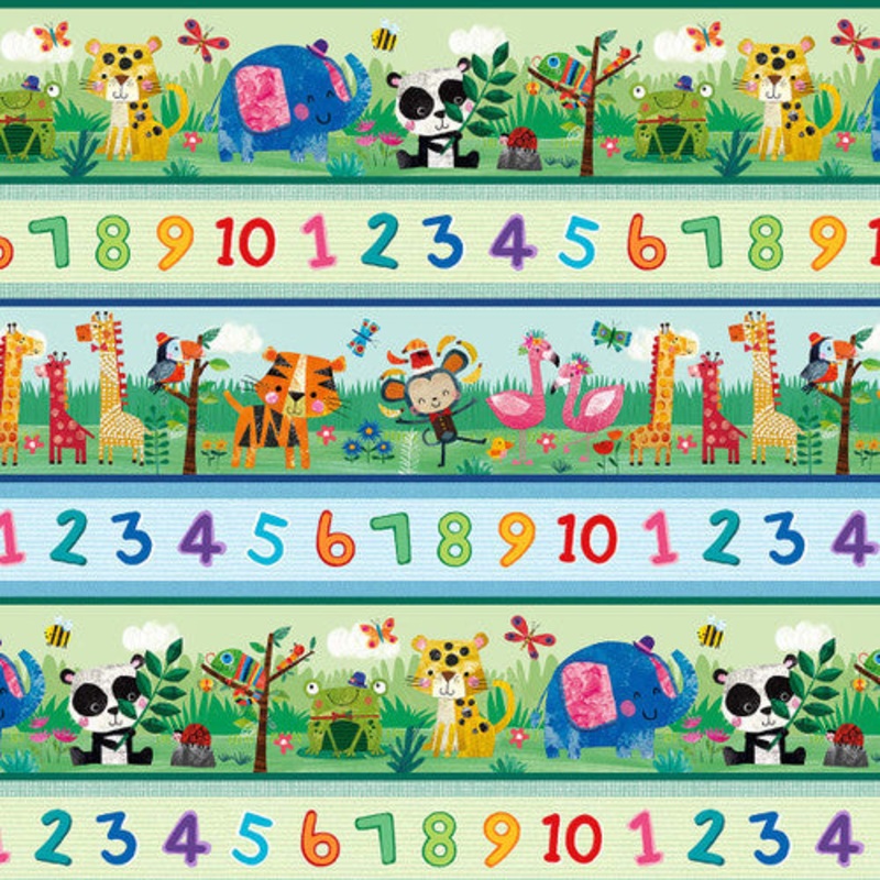 Zoo Crew Border Stripe Animals and Numbers Sage Green Lindsey Sagar Blank Quilting Cotton Fabric