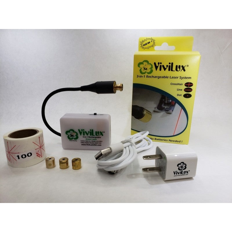 ViviLux 3 In 1 Rechargeable Green Laser System with Hook and Loop Tape and USB Plug